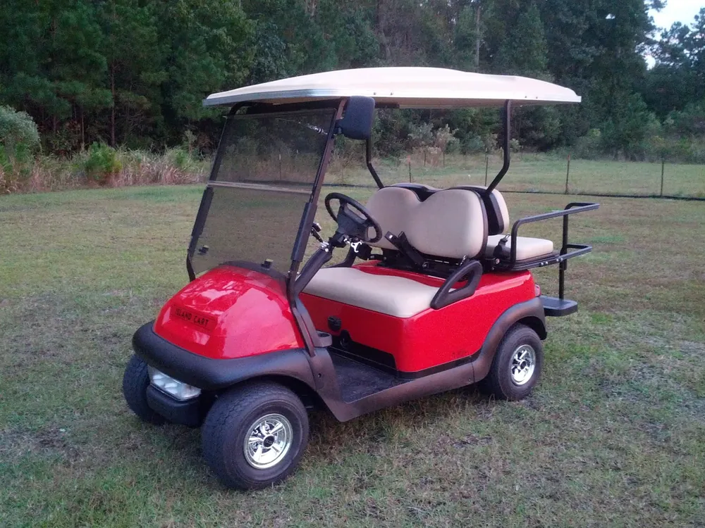 Red 4-passenger Island Cart rental, side view