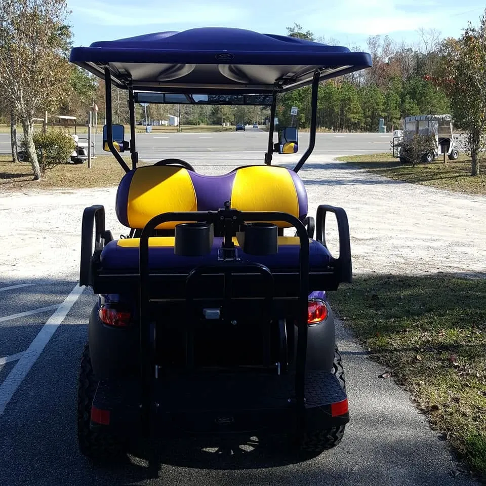 Custom purple golf cart with two-tone purple and gold stadium seats