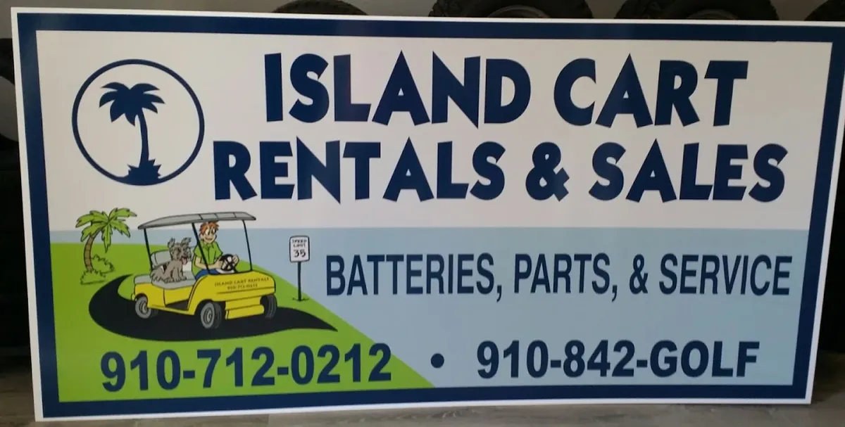 Island Cart Rentals & Sales sign with a golf cart and speed-limit graphic